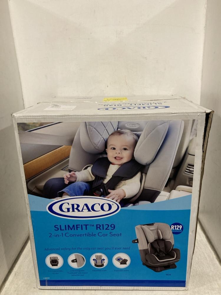 Lot 498  
            Chesterfield SR47 - Parcel Delivery Only 

                
GRACO SLIMFIT R129 2 IN 1 CONVERTIBLE CAR SEAT ORIGINAL RRP £129 (LOCATION: B7)