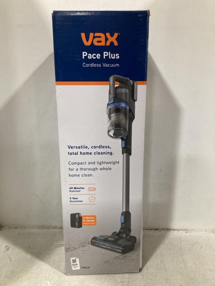 Lot 524  
            Chesterfield SR47 - Parcel Delivery Only 

                
VAX PACE PLUS CORDLESS VACUUM CLEANER ORIGINAL RRP £189 (LOCATION: B8)