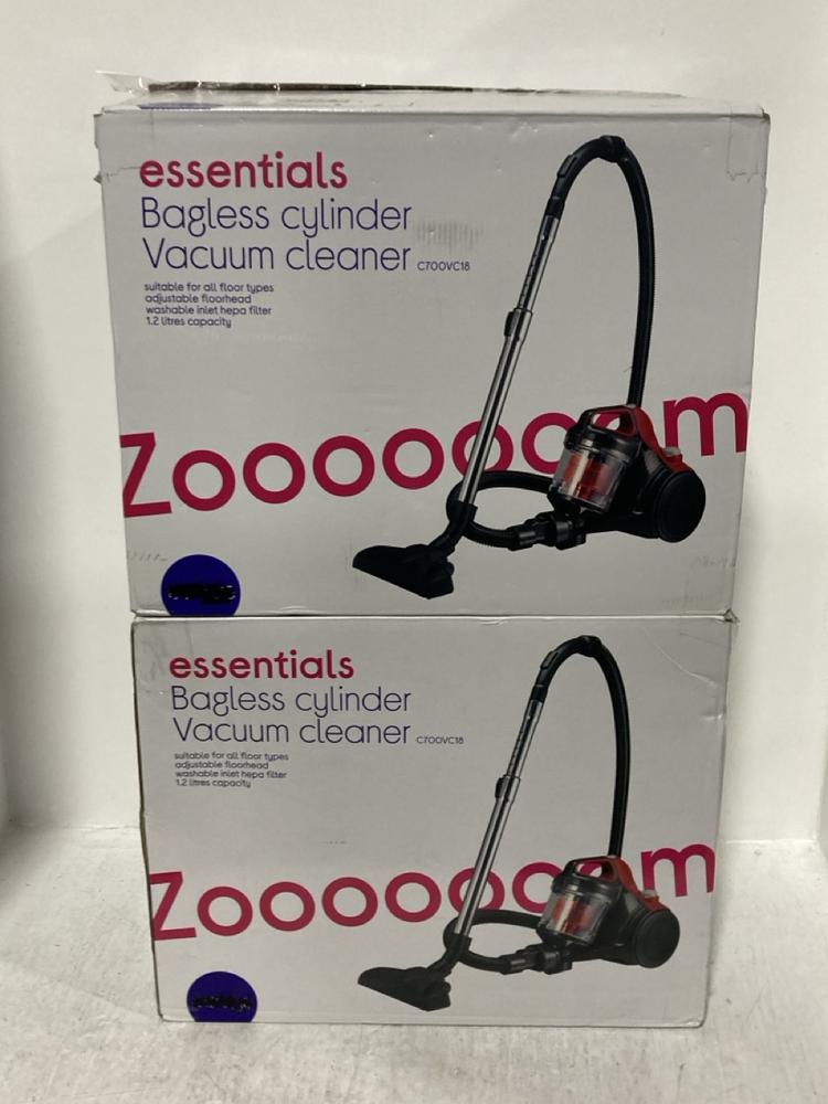 Lot 531  
            Chesterfield SR47 - Parcel Delivery Only 

                
2 X ESSENTIALS BAGLESS CYLINDER VACUUM CLEANER - MODEL NO. C700VC18 (LOCATION: B9)