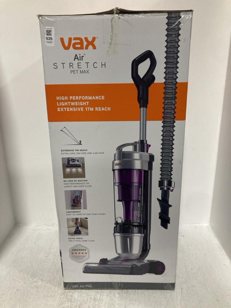 Lot 535  
            Chesterfield SR47 - Parcel Delivery Only 

                
VAX AIR STRETCH PET MAX UPRIGHT VACUUM CLEANER (LOCATION: B9)
