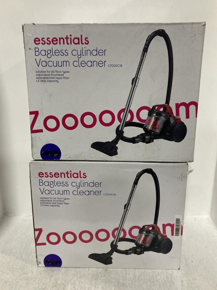 Lot 536  
            Chesterfield SR47 - Parcel Delivery Only 

                
2 X ESSENTIALS BAGLESS CYLINDER VACUUM CLEANER - MODEL NO. C700VC18 (LOCATION: B9)