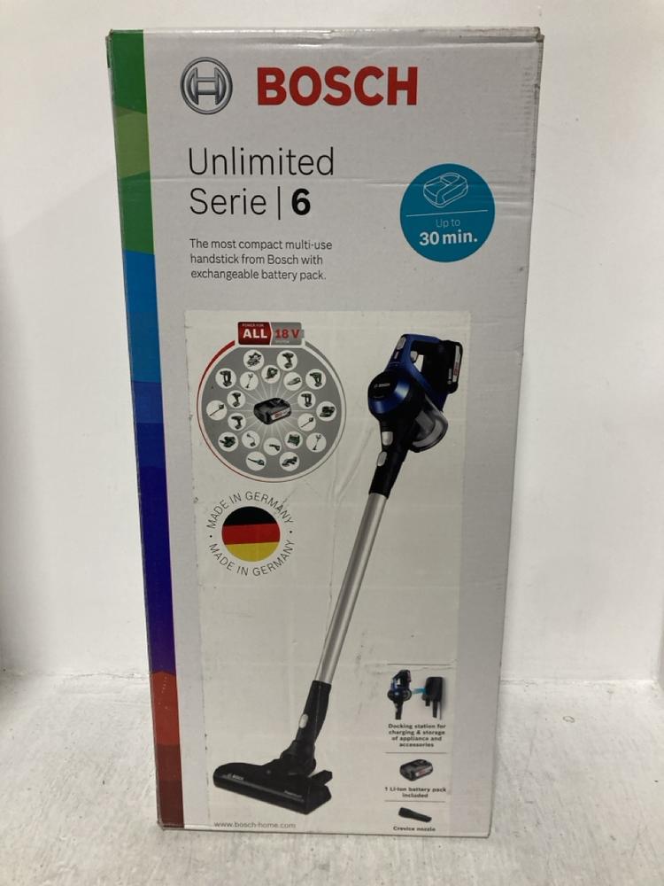 Lot 537  
            Chesterfield SR47 - Parcel Delivery Only 

                
BOSCH UNLIMITED SERIES 6 CORDLESS VACUUM CLEANER ORIGINAL RRP £199 (LOCATION: B9)