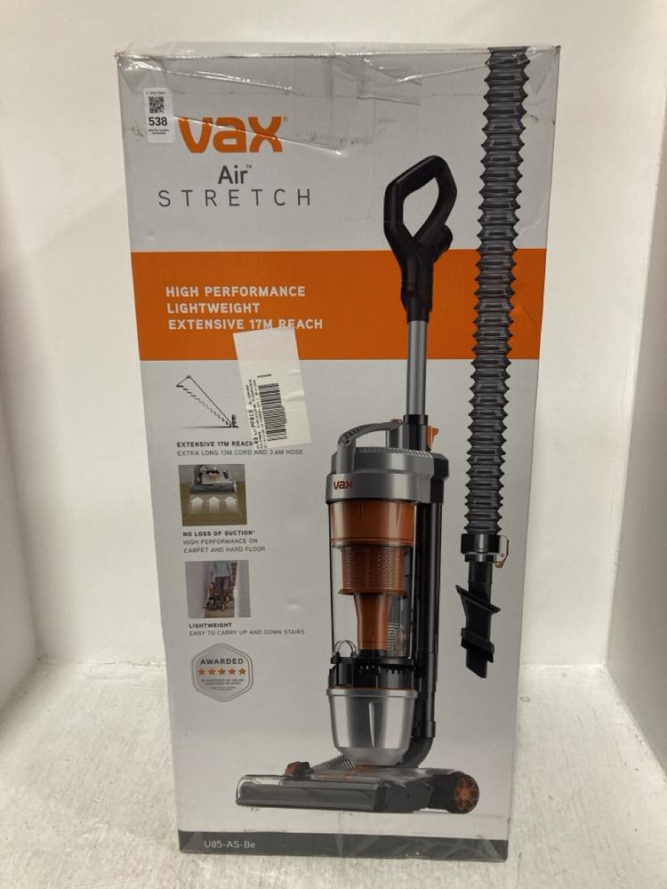 Lot 538  
            Chesterfield SR47 - Parcel Delivery Only 

                
VAX AIR STRETCH UPRIGHT VACUUM CLEANER (LOCATION: B9)