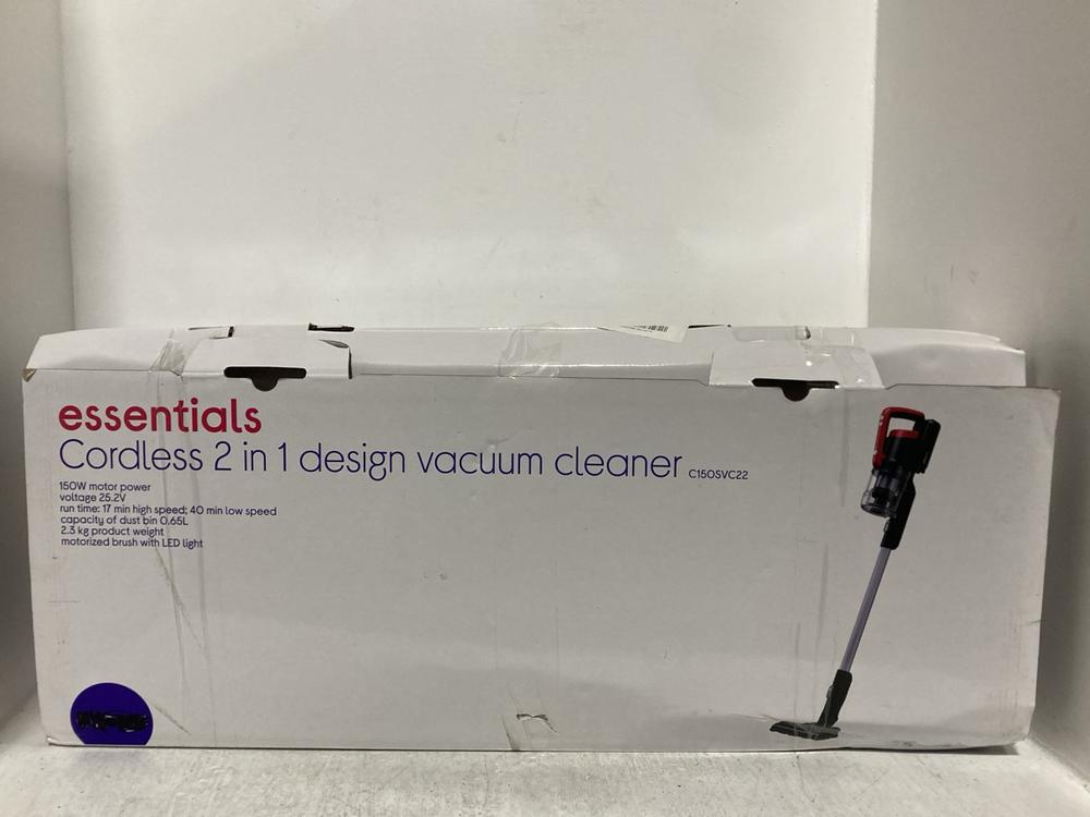 Lot 552  
            Chesterfield SR47 - Parcel Delivery Only 

                
ESSENTIALS CORDLESS 2 IN 1 VACUUM CLEANER - MODEL NO. C150SVC22 ORIGINAL RRP £109...
