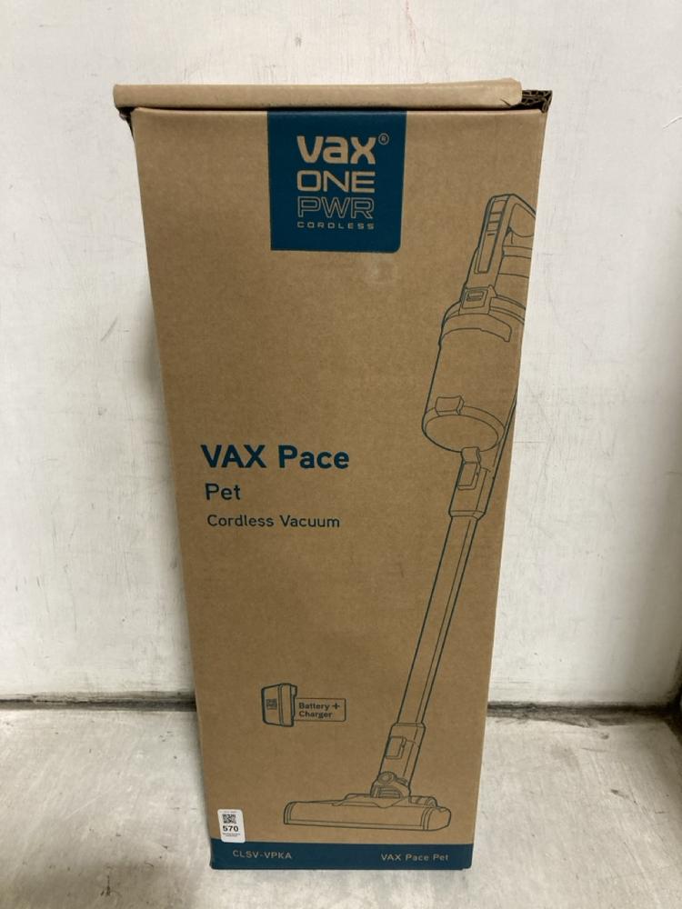 Lot 570  
            Chesterfield SR47 - Parcel Delivery Only 

                
VAX PACE PET CORDLESS VACUUM CLEANER (LOCATION: B10)