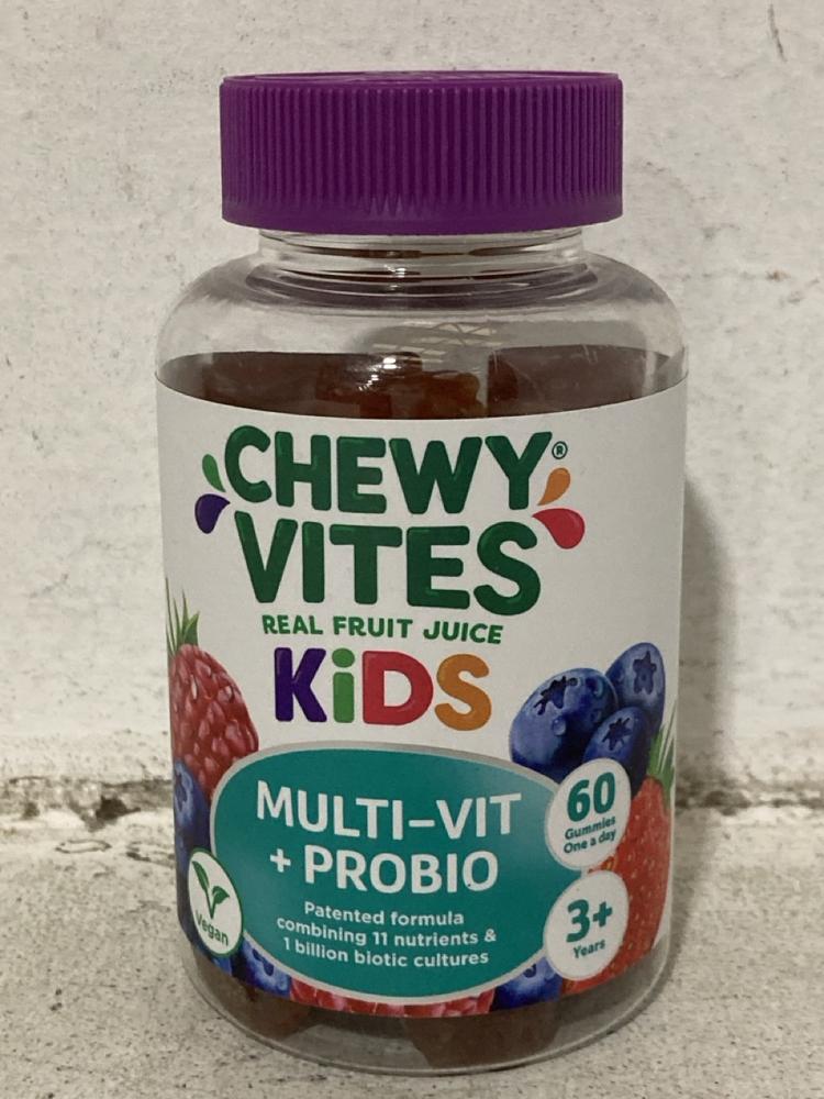 Lot 603  
            Chesterfield SR47 - Parcel Delivery Only 

                
25 X CHEWY VITES KIDS REAL FRUIT JUICE MULTIVIT PLUS PRO BIOTIC VITAMIN GUMMIES T...
