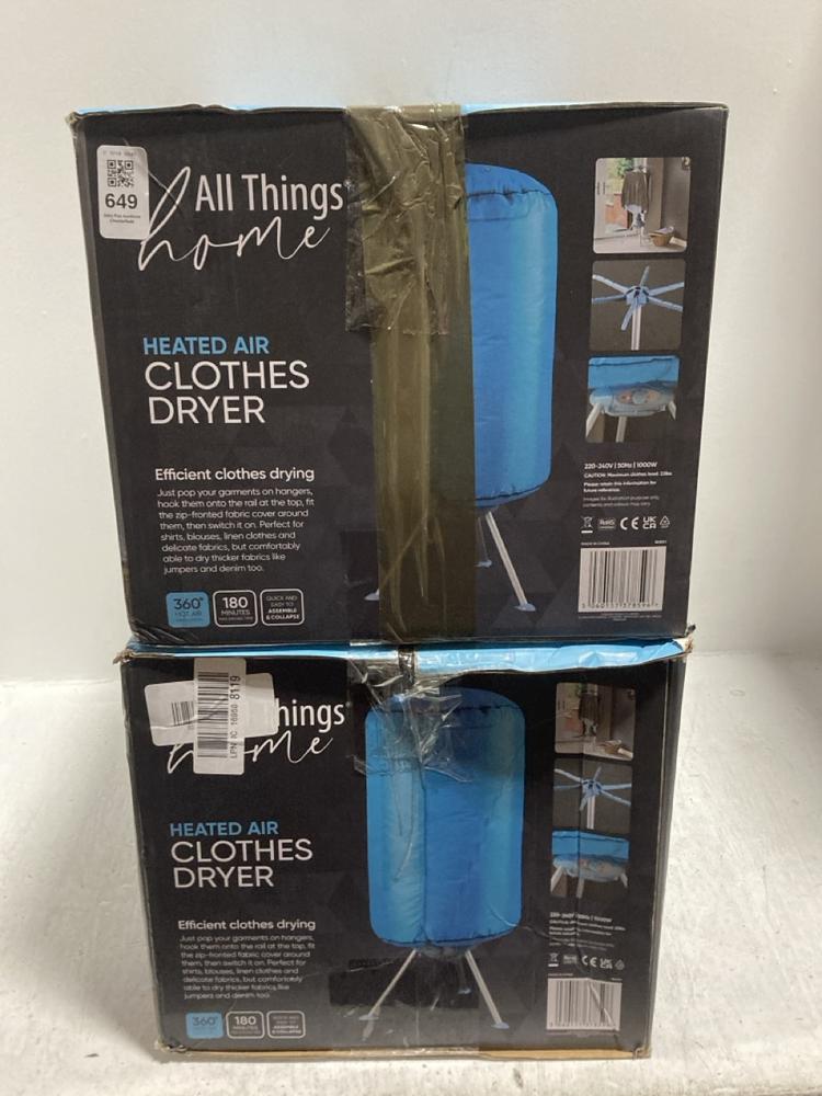 Lot 649  
            Chesterfield SR47 - Parcel Delivery Only 

                
2 X ALL THINGS HOME HEATED AIR CLOTHES DRYER (LOCATION: C3)