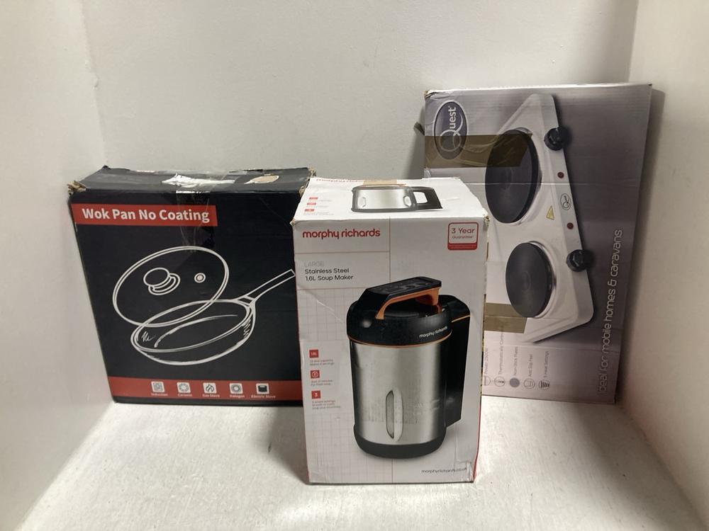 Lot 657  
            Chesterfield SR47 - Parcel Delivery Only 

                
3 X ASSORTED KITCHEN ITEMS TO INCLUDE QUEST ELECTRIC DOUBLE HOB (LOCATION: C3)