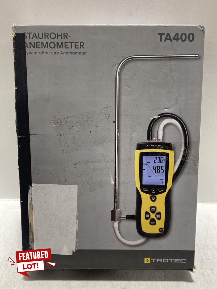 Lot 6  
            Chesterfield SR47 - Parcel Delivery Only 

                
TROTEC TA400 DYNAMIC PRESSURE ANEMOMETER ORIGINAL RRP £259 (LOCATION: D7)