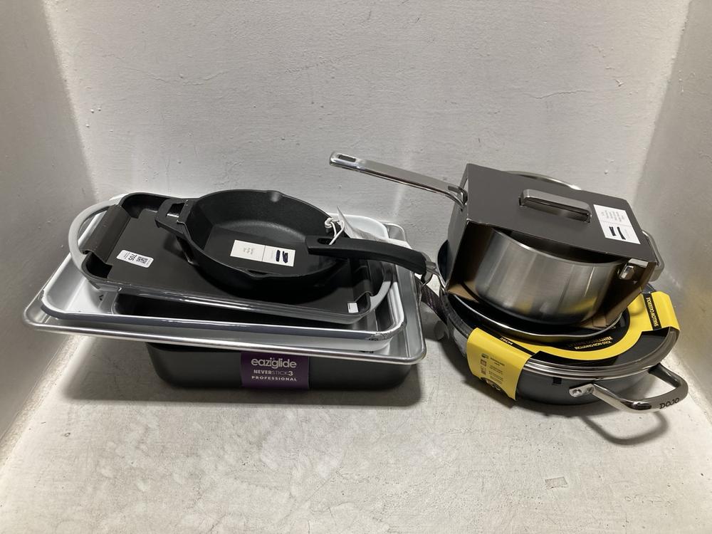 Lot 705  
            Chesterfield SR47 - Parcel Delivery Only 

                
9 X ASSORTED COOKWARE ITEMS TO INCLUDE DOJO YUMI NEVERSTICK 28CM CASSEROLE DISH A...