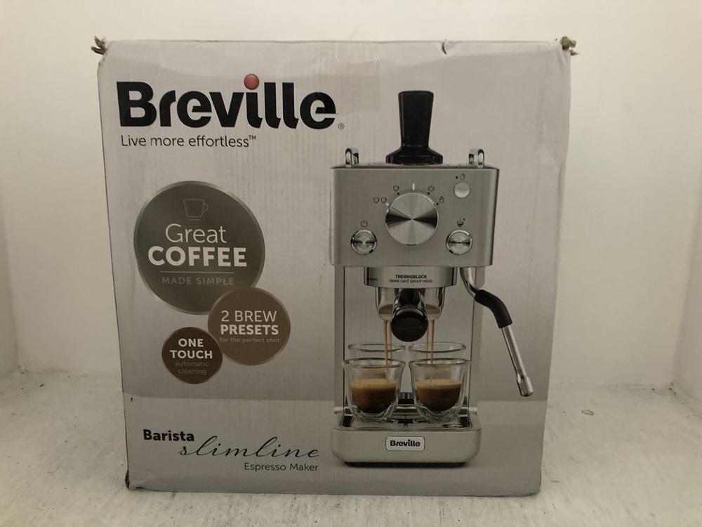 Lot 70  
            Chesterfield SR47 - Parcel Delivery Only 

                
BREVILLE BARISTA SLIMLINE ESPRESSO MAKER - ORIGINAL RRP £169 (LOCATION: A1)