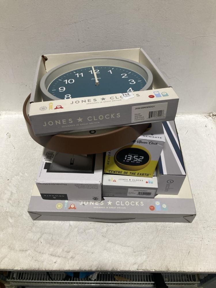Lot 712  
            Chesterfield SR47 - Parcel Delivery Only 

                
8 X ASSORTED CLOCKS TO INCLUDE JONES CLOCKS WALL CLOCK - 73411205 (LOCATION: C5)