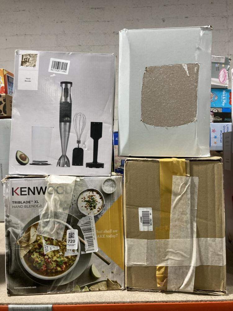 Lot 720  
            Chesterfield SR47 - Parcel Delivery Only 

                
4 X ASSORTED KITCHEN APPLIANCES TO INCLUDE KENWOOD TRIBLADE XL HAND BLENDER - 855...