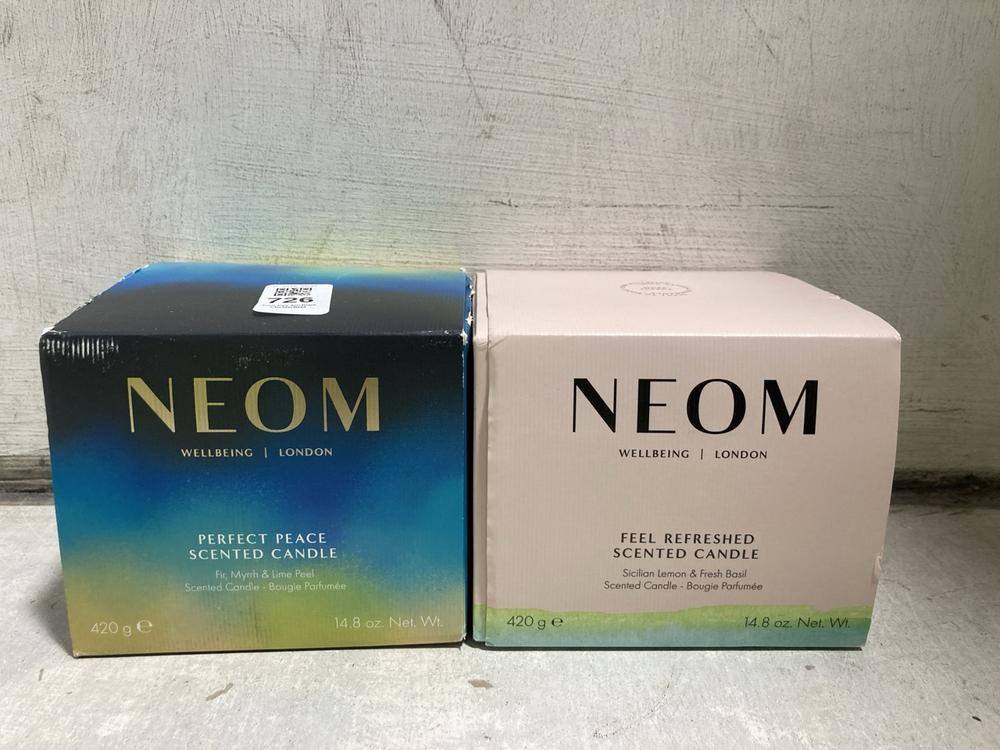 Lot 726  
            Chesterfield SR47 - Parcel Delivery Only 

                
NEOM WELLBEING LONDON PERFECT PEACE FIR, MYRRH AND LIME PEEL SCENTED CANDLE 420G ...