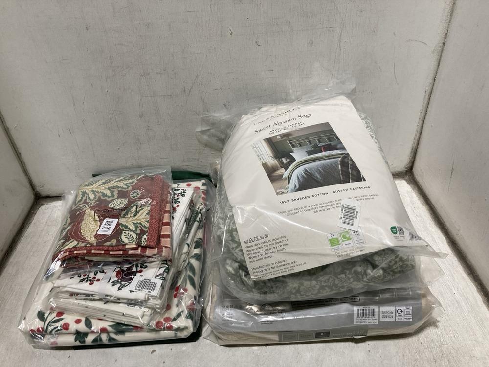 Lot 756  
            Chesterfield SR47 - Parcel Delivery Only 

                
7 X ASSORTED CLOTH/CURTAIN ITEMS TO INCLUDE LAURA ASHLEY SWEET ALYSSUM SAGE PRINT...