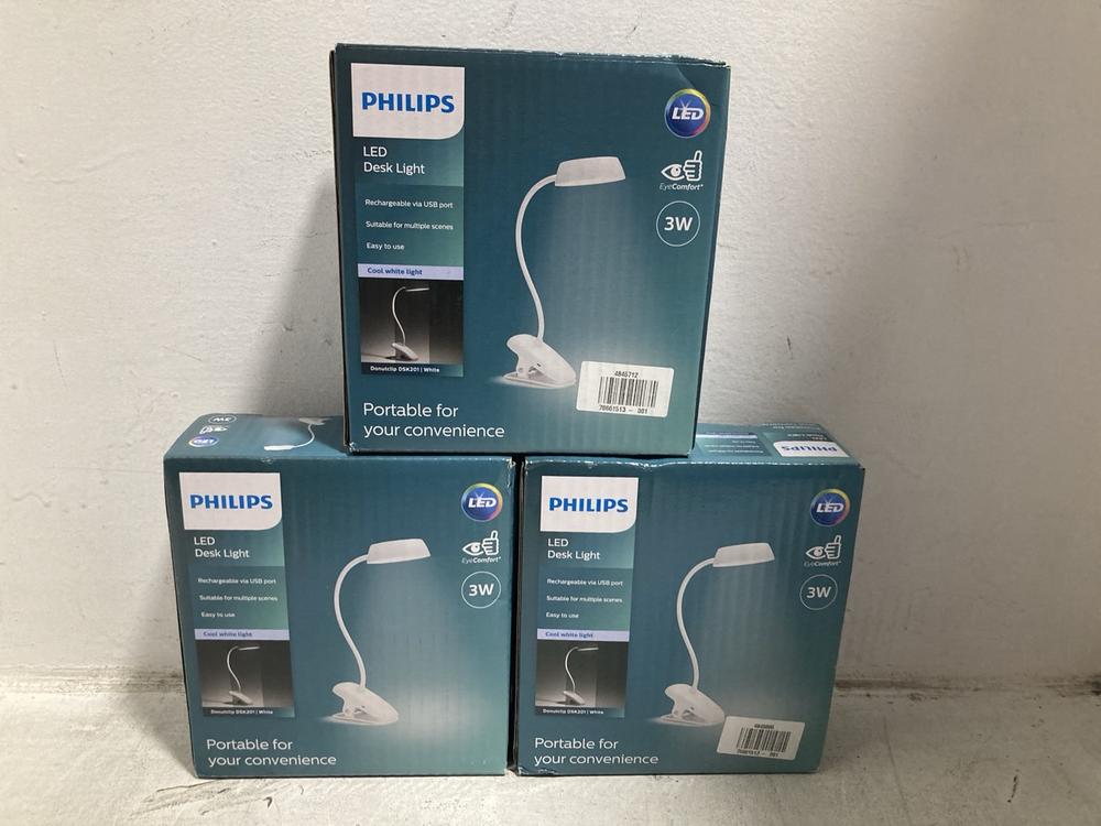 Lot 767  
            Chesterfield SR47 - Parcel Delivery Only 

                
3 X PHILIPS DESK LED LIGHT - 70661513 (LOCATION: C8)