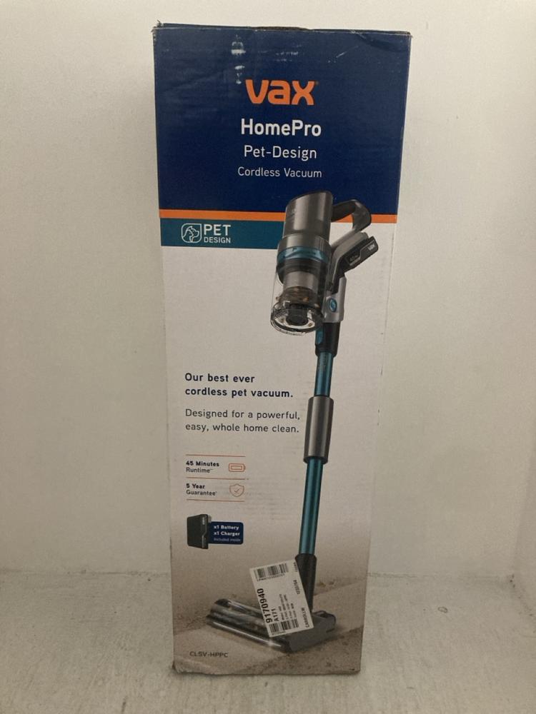 Lot 76  
            Chesterfield SR47 - Parcel Delivery Only 

                
VAX HOMEPRO PET DESIGN CORDLESS VACUUM CLEANER - ORIGINAL RRP £283 (LOCATION: A1)