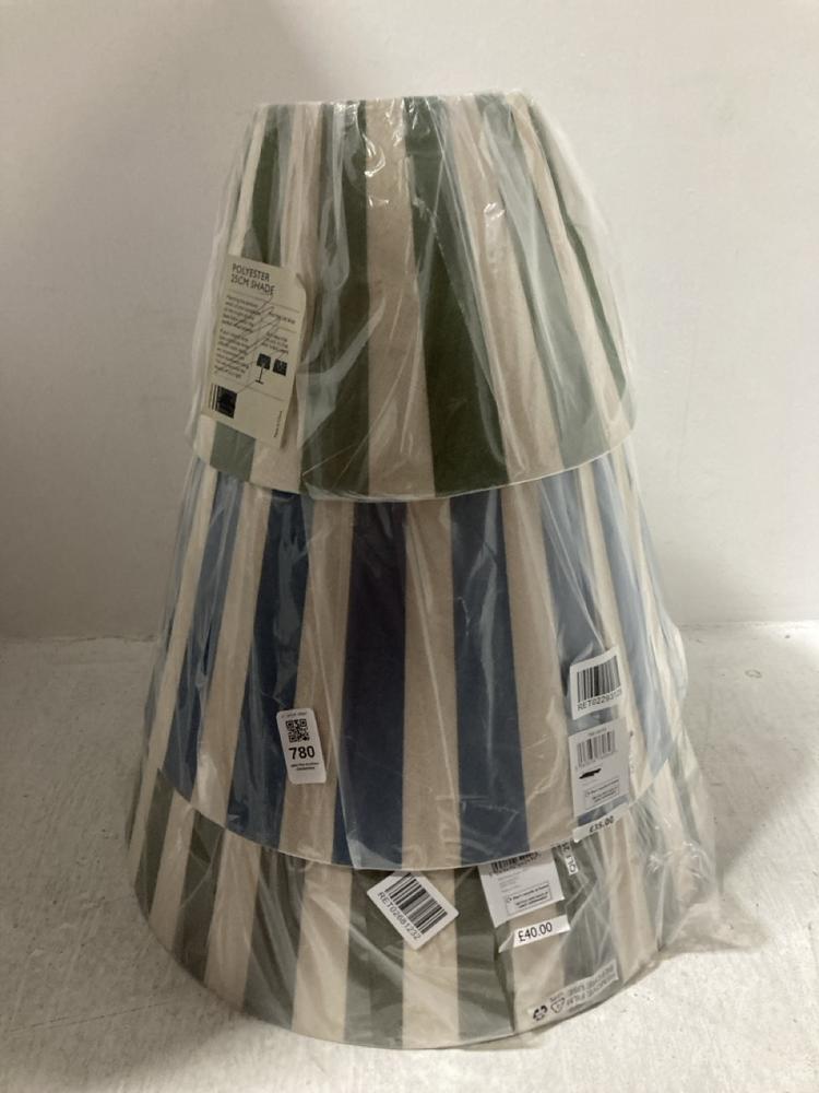 Lot 780  
            Chesterfield SR47 - Parcel Delivery Only 

                
3 X ASSORTED JOHN LEWIS LAMPSHADES TO INCLUDE POLYESTER 25CM SHADE IN GREEN/CREAM...