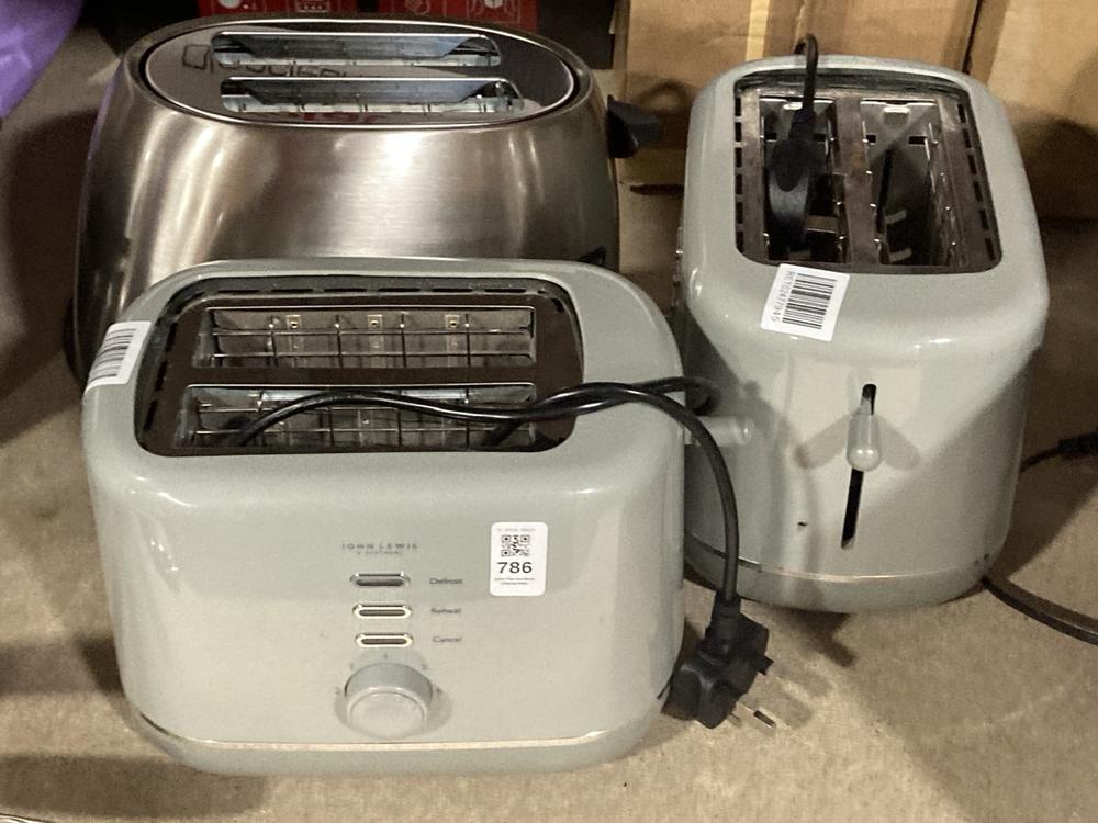 Lot 786  
            Chesterfield SR47 - Parcel Delivery Only 

                
3 X ASSORTED JOHN LEWIS TOASTERS TO INCLUDE STAINLESS STEEL TWO SLICE TOASTER - 0...