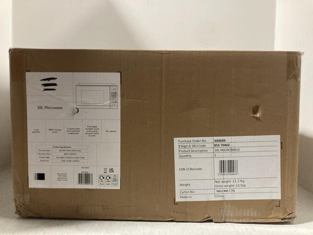 Lot 793  
            Chesterfield SR47 - Parcel Delivery Only 

                
JOHN LEWIS 20L 800W MICROWAVE OVEN - 85570402 (LOCATION: C9)
