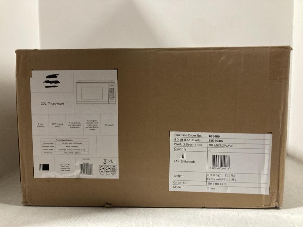 Lot 795  
            Chesterfield SR47 - Parcel Delivery Only 

                
JOHN LEWIS 20L 800W MICROWAVE OVEN - 85570402 (LOCATION: C9)
