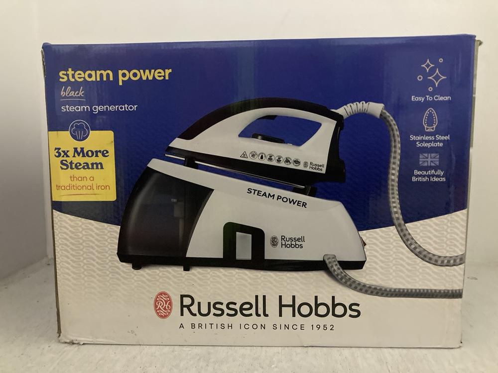 Lot 84  
            Chesterfield SR47 - Parcel Delivery Only 

                
RUSSELL HOBBS STEAM POWER STEAM GENERATOR IRON IN BLACK (LOCATION: A1)