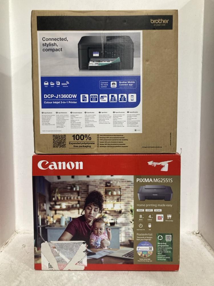 Lot 897  
            Chesterfield SR47 - Parcel Delivery Only 

                
CANON PIXMA MG2551S TO INCLUDE BROTHER DCP-J1360DW COLOUR INKJET 3-IN-1 PRINTER. ...