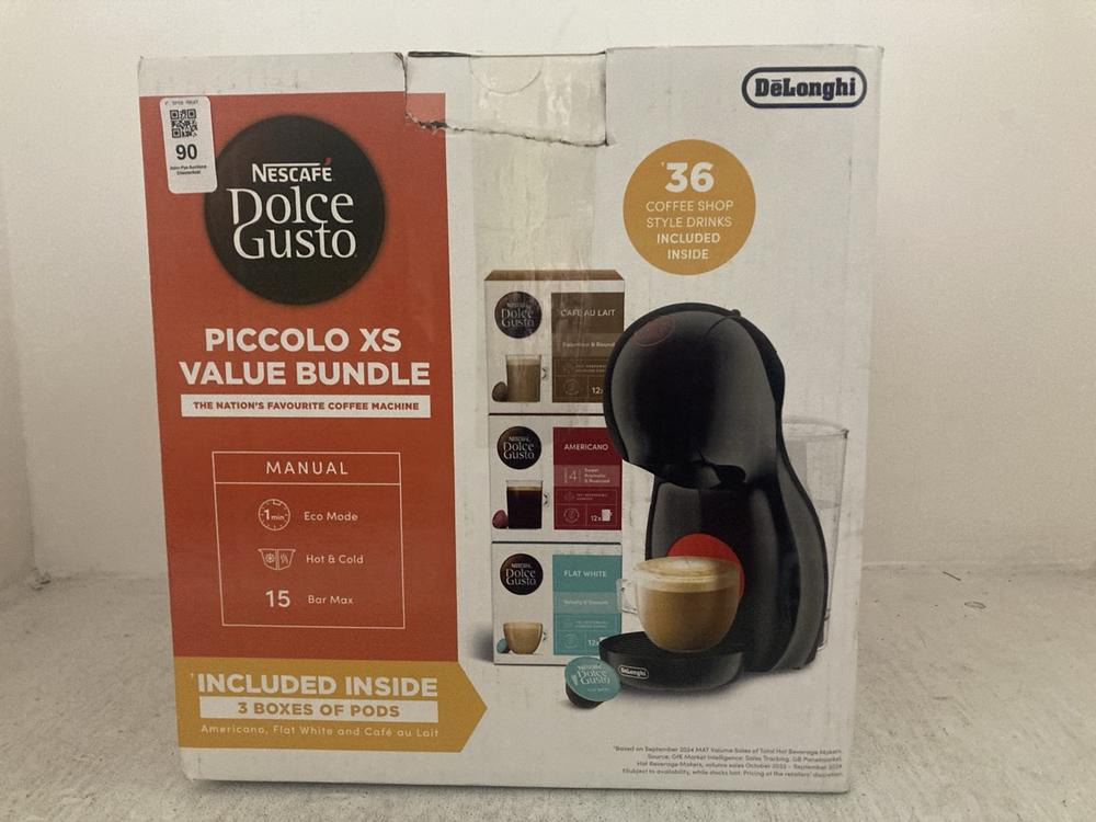 Lot 90  
            Chesterfield SR47 - Parcel Delivery Only 

                
DELONGHI NESCAFE DOLCE GUSTO PICCOLO XS COFFEE MACHINE (LOCATION: A2)