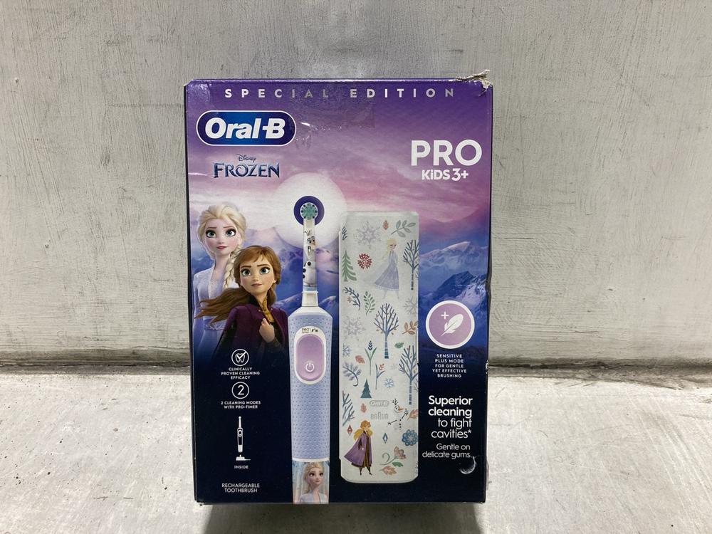 Lot 927  
            Chesterfield SR47 - Parcel Delivery Only 

                
ORAL-B SPECIAL EDITION DISNEY FROZEN PRO KIDS 3+ ELECTRIC TOOTHBRUSH. (LOCATION: D2)