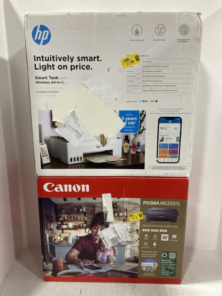 Lot 977  
            Chesterfield SR47 - Parcel Delivery Only 

                
CANON PIXMA MG2551S PRINTER TO INCLUDE HP SMART TANK 5107 ALL IN ONE PRINTER (LOC...