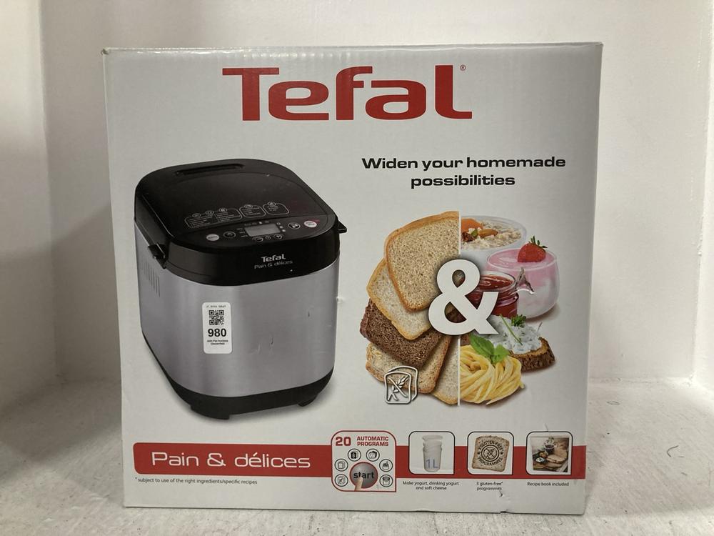 Lot 980  
            Chesterfield SR47 - Parcel Delivery Only 

                
TEFAL PAIN AND DELICES BREAD MAKER ORIGINAL RRP £139 (LOCATION: D4)