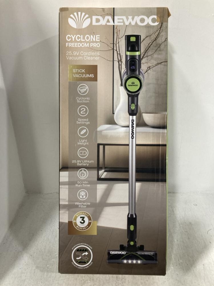 Lot 990  
            Chesterfield SR47 - Parcel Delivery Only 

                
DAEWOO CYCLONE FREEDOM PRO CORDLESS VACUUM CLEANER ORIGINAL RRP £130 (LOCATION: D4)