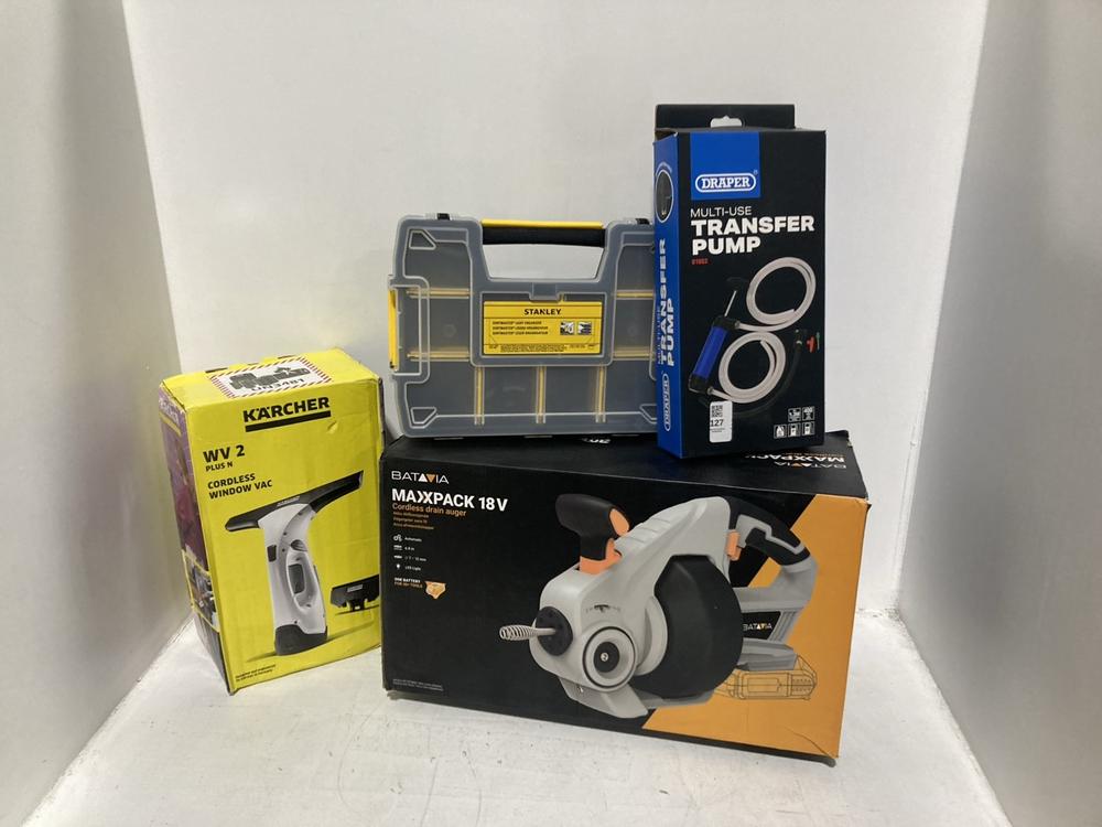 Lot 127  
            Chesterfield SR46 - Parcel Delivery Only 

                
4 X ASSORTED TOOLS TO INCLUDE KARCHER WV 2 PLUS N CORDLESS WINDOW VAC (LOCATION: F1)