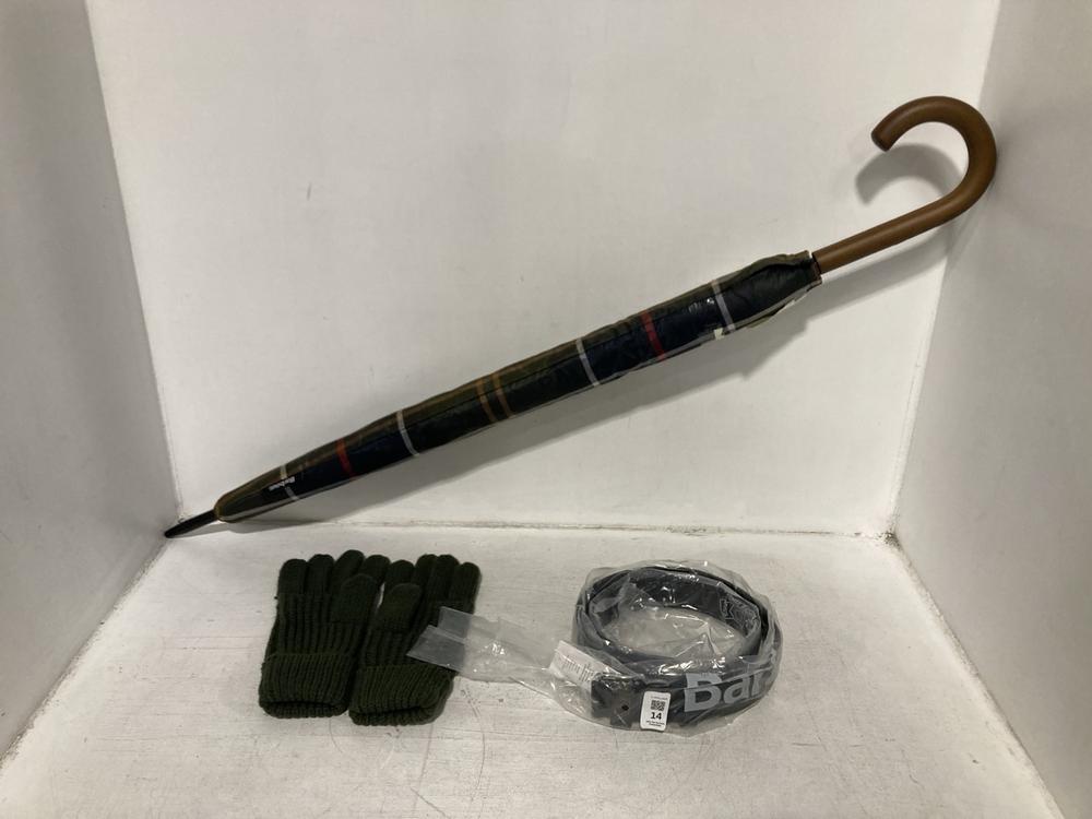 Lot 14  
            Chesterfield SR46 - Parcel Delivery Only 

                
3 X ASSORTED BARBOUR ITEMS TO INCLUDE BARBOUR WOODEN CROOK HANDLE TARTAN UMBRELLA...