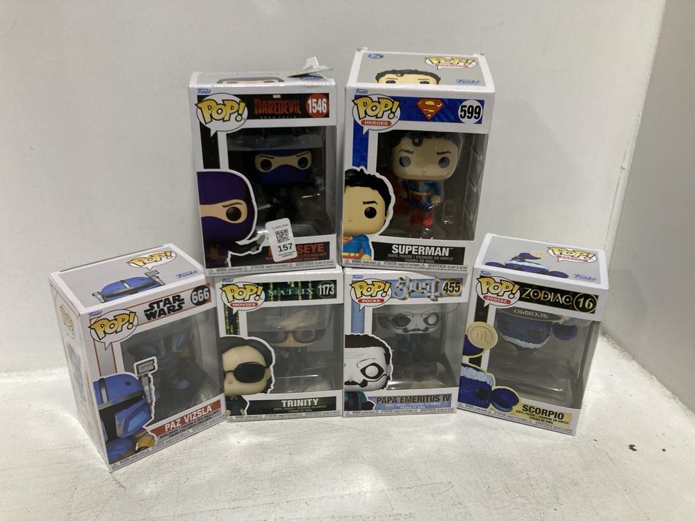 Lot 157  
            Chesterfield SR46 - Parcel Delivery Only 

                
6 X ASSORTED FUNKO POP VINYL FIGURES TO INCLUDE FUNKO POP SUPERMAN 599 VINYL FIGU...