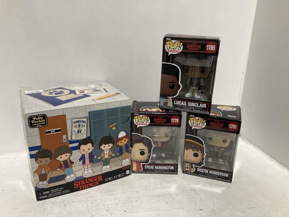 Lot 170  
            Chesterfield SR46 - Parcel Delivery Only 

                
4 X ASSORTED STRANGER THINGS ITEMS TO INCLUDE FUNKO POP STRANGER THINGS LUCAS SIN...