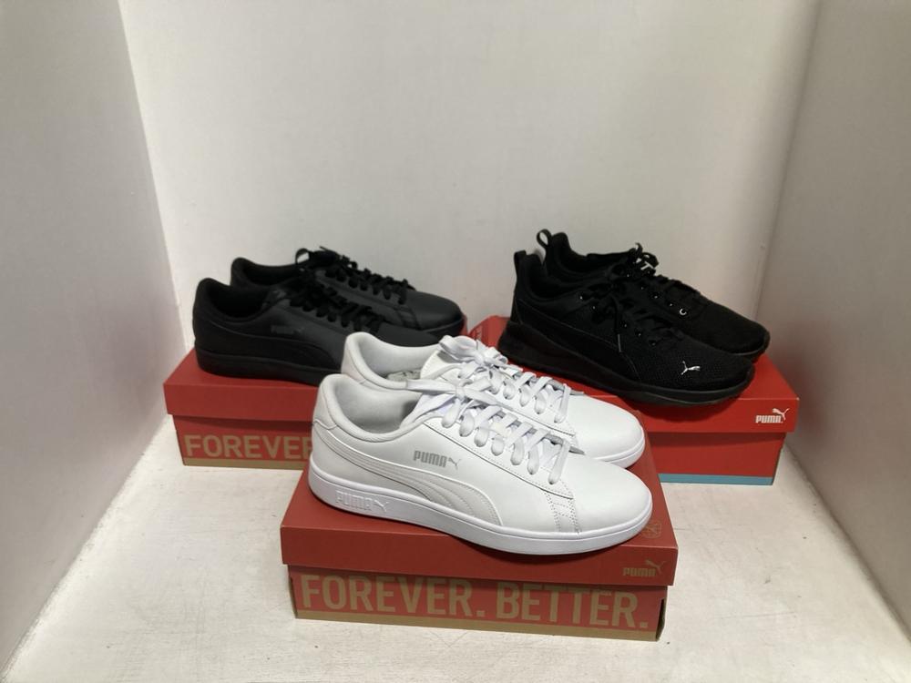 Lot 186  
            Chesterfield SR46 - Parcel Delivery Only 

                
3 X ASSORTED ADULTS PUMA SHOES TO INCLUDE PUMA ANZARUNLITE TRAINERS IN BLACK & PL...