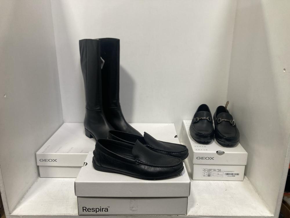 Lot 230  
            Chesterfield SR46 - Parcel Delivery Only 

                
3 X ASSORTED ADULTS GEOX SHOES TO INCLUDE GEOX FELICITY KNEE-HIGH BOOTS IN BLACK ...