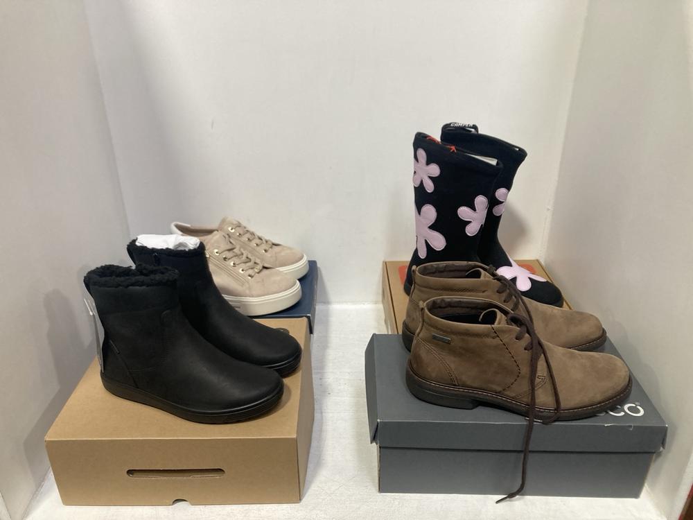Lot 238  
            Chesterfield SR46 - Parcel Delivery Only 

                
4 X ASSORTED ADULTS SHOES TO INCLUDE ECCO SOFT7 TRED BOOTS IN BLACK - UK SIZE 5/5...