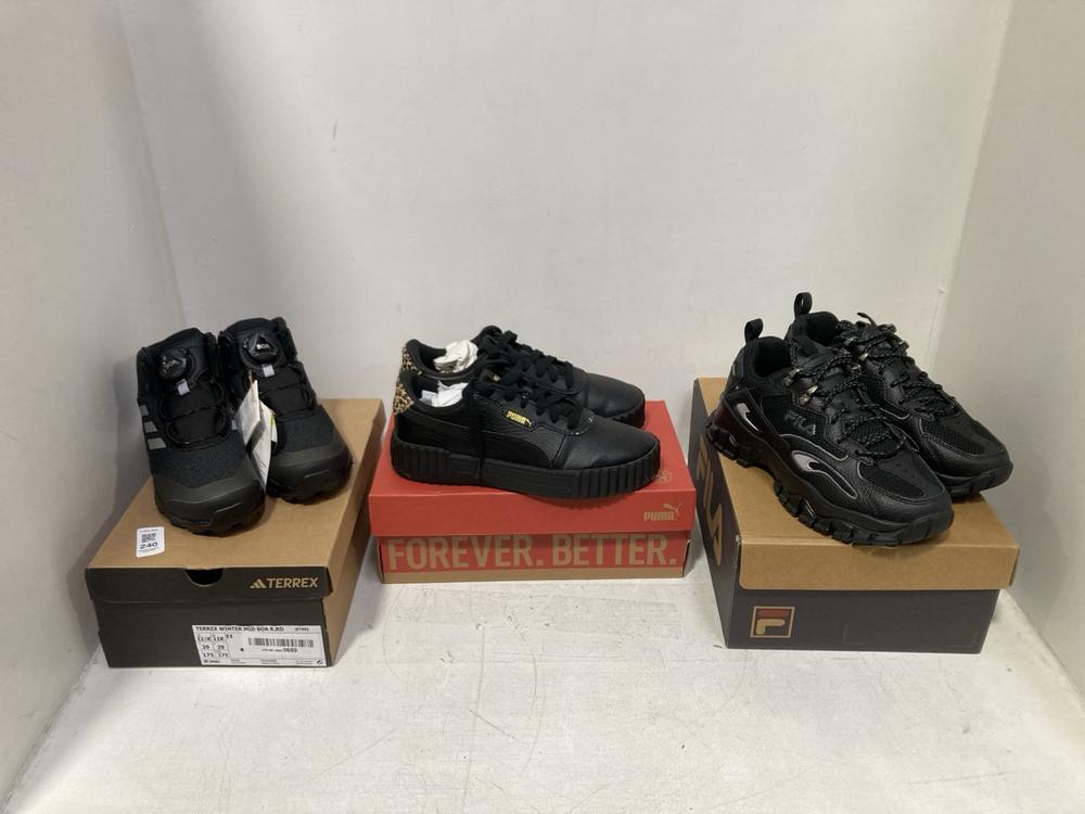 Lot 240  
            Chesterfield SR46 - Parcel Delivery Only 

                
3 X ASSORTED KIDS SHOES TO INCLUDE ADIDAS TERREX WINTER MID TRAINERS IN BLACK - U...