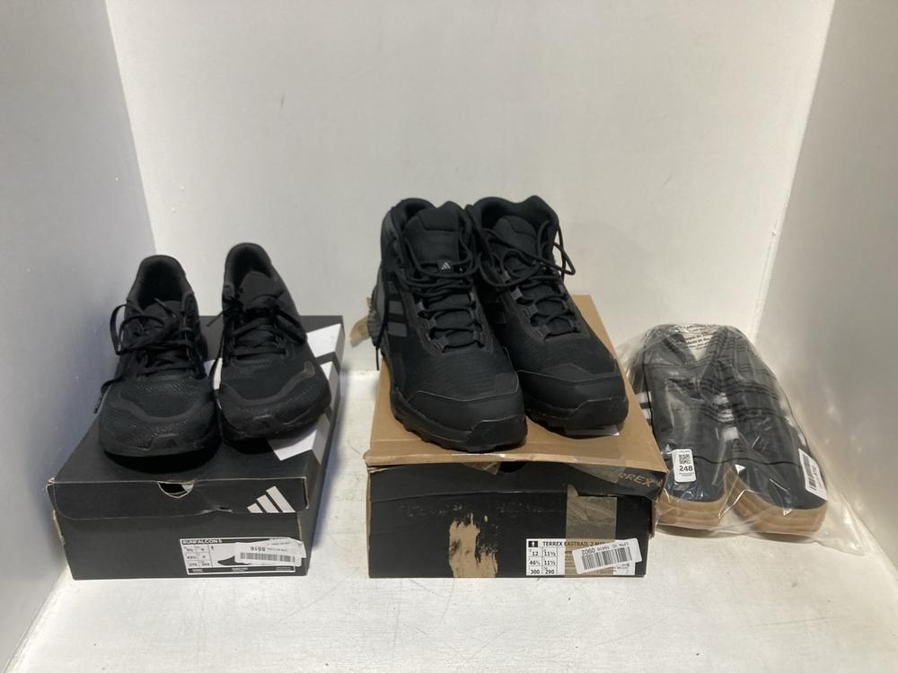 Lot 248  
            Chesterfield SR46 - Parcel Delivery Only 

                
3 X ASSORTED ADIDAS SHOES TO INCLUDE ADIDAS RUN FALCON 5 TRAINERS IN BLACK - UK S...