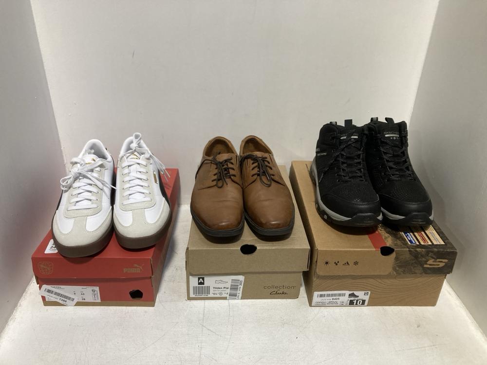 Lot 249  
            Chesterfield SR46 - Parcel Delivery Only 

                
3 X ASSORTED ADULTS SHOES TO INCLUDE CLARKS TILDEN PLAIN SHOES IN DARK TAN - UK S...