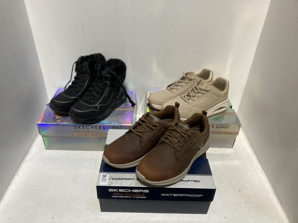 Lot 252  
            Chesterfield SR46 - Parcel Delivery Only 

                
3 X ASSORTED SKETCHERS TO INCLUDE SKECHERS MEMORY FOAM MENS SHOES IN LIGHT TAN - ...