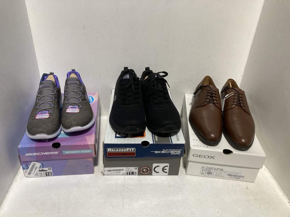Lot 255  
            Chesterfield SR46 - Parcel Delivery Only 

                
3 X ASSORTED ADULTS SHOES TO INCLUDE SKECHERS MEMORY FOAM TRAINERS IN GREY - UK S...