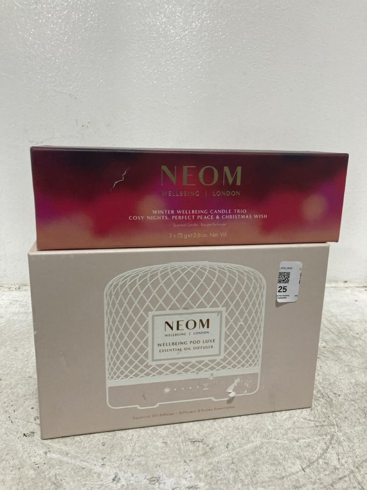 Lot 25  
            Chesterfield SR46 - Parcel Delivery Only 

                
NEOM WELLBEING POD LUXE ESSENTIAL OIL DIFFUSER TO INCLUDE NEOM WINTER WELLBEING C...