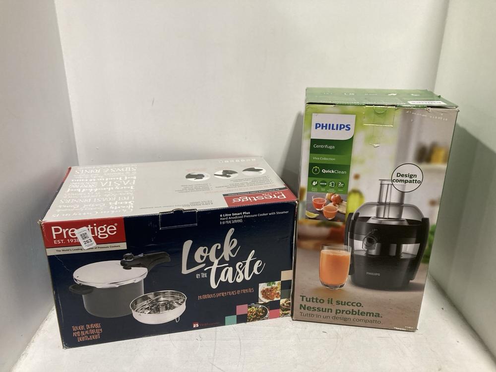 Lot 263  
            Chesterfield SR46 - Parcel Delivery Only 

                
PHILIPS HR1832/01 VIVA COLLECTION COMPACT JUICER TO INCLUDE PRESTIGE 6L SMARTPLUS...