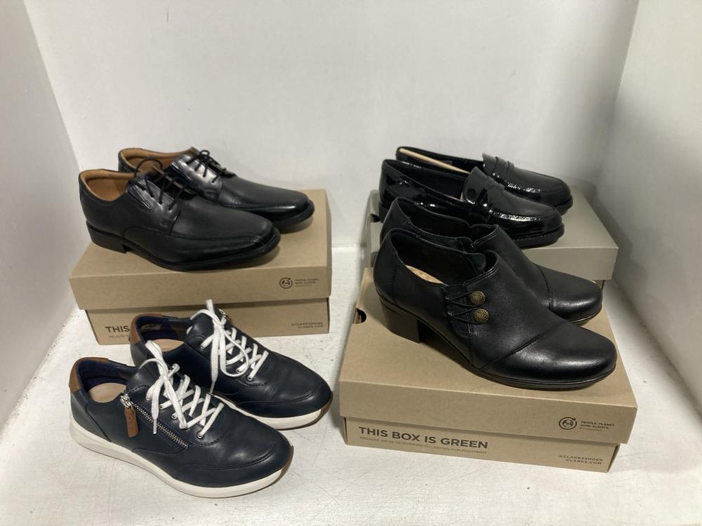 Lot 276  
            Chesterfield SR46 - Parcel Delivery Only 

                
4 X ASSORTED KIDS CLARKS TO INCLUDE CLARKS LACE-UP LEATHER SNEAKERS IN NAVY & BRO...