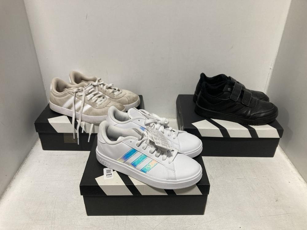 Lot 288  
            Chesterfield SR46 - Parcel Delivery Only 

                
3 X ASSORTED ADIDAS SHOES TO INCLUDE ADIDAS GRAND COURT BASE 2.0 TRAINERS IN WHIT...