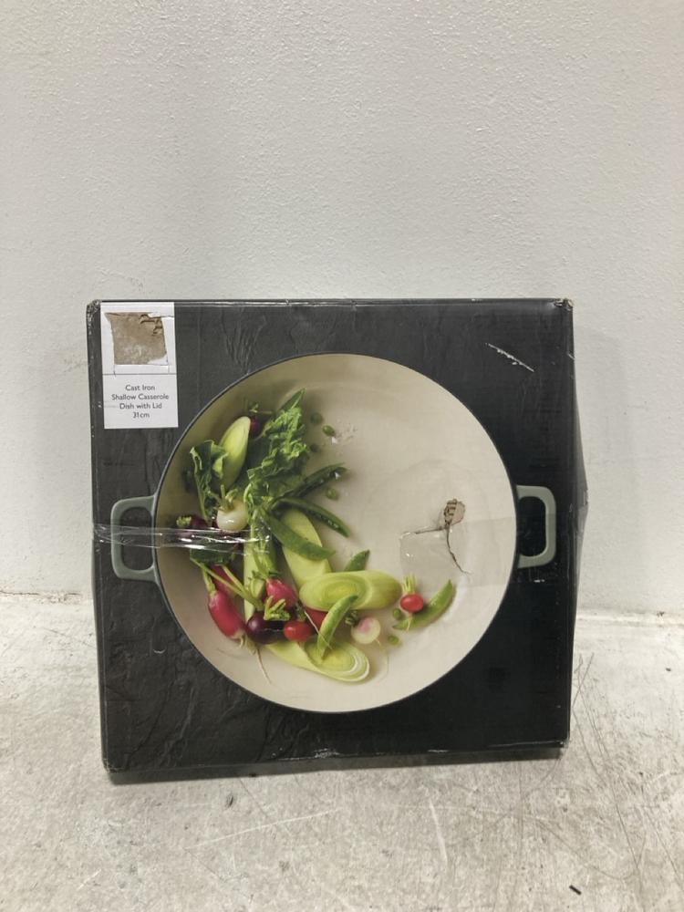 Lot 30  
            Chesterfield SR46 - Parcel Delivery Only 

                
CAST IRON SHALLOW CASSEROLE 31CM DISH WITH LID (LOCATION: A1)