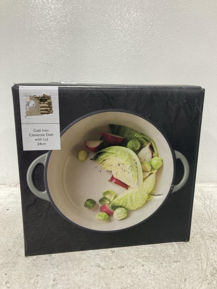 Lot 31  
            Chesterfield SR46 - Parcel Delivery Only 

                
CAST IRON CASSEROLE 24CM DISH WITH LID (LOCATION: A1)